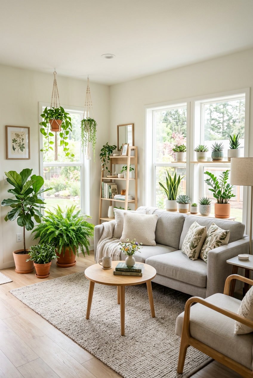 A bright mobile home living room with light walls, large windows, and various green plants placed around the space to create a fresh and open atmosphere.