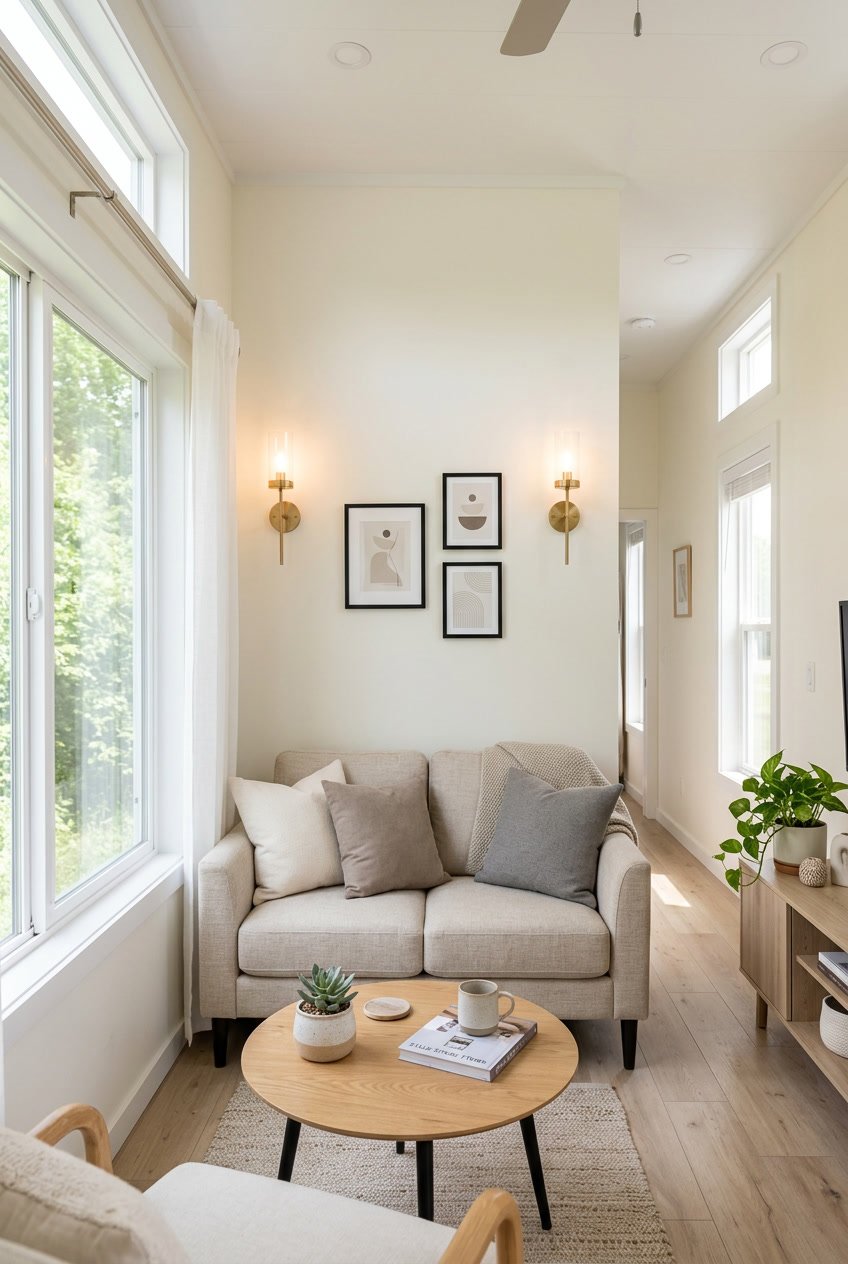 Interior of a small mobile home living area with wall-mounted sconces providing lighting above a sofa and a coffee table.
