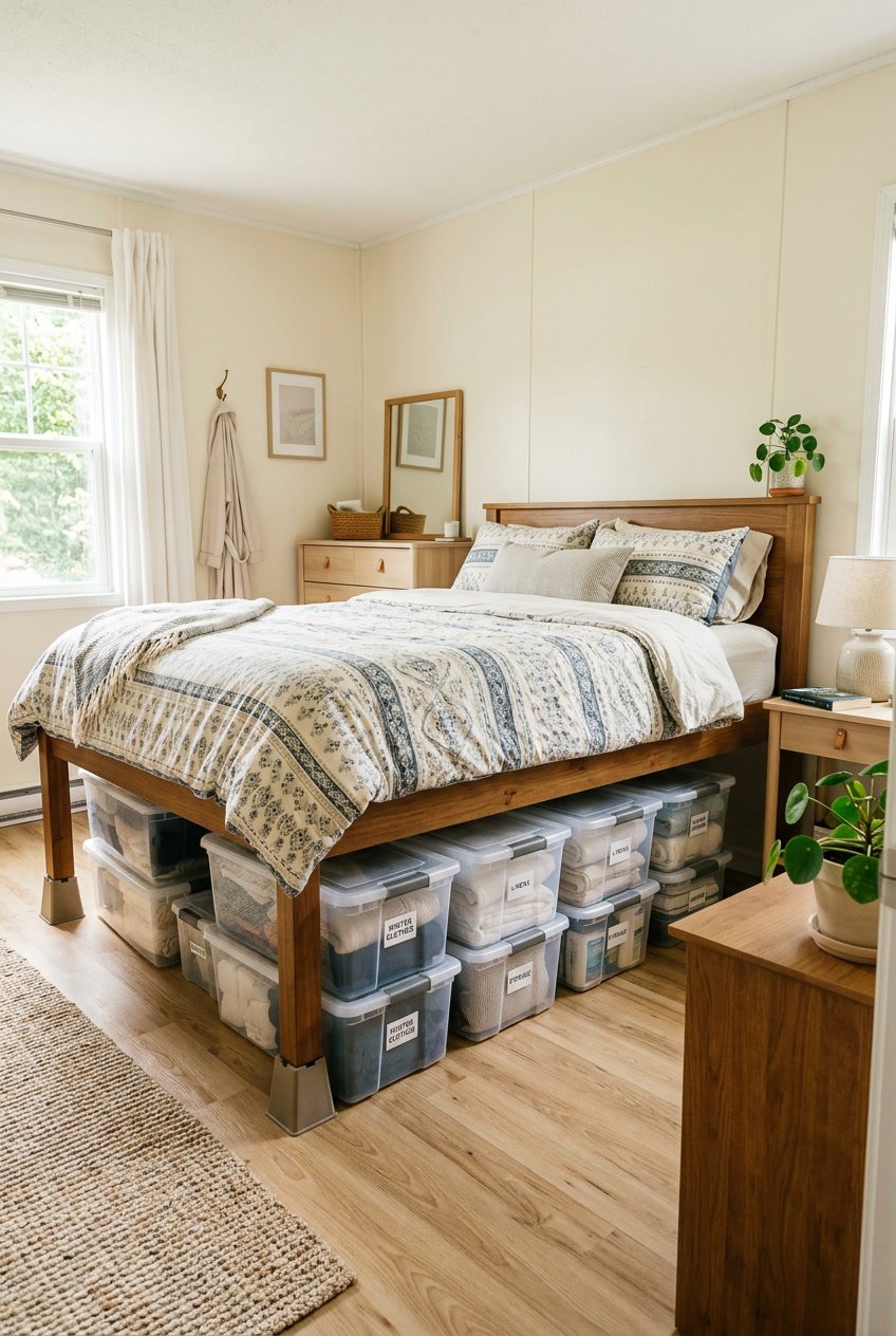 A tidy bedroom in a singlewide mobile home with clear storage bins neatly placed under the bed.