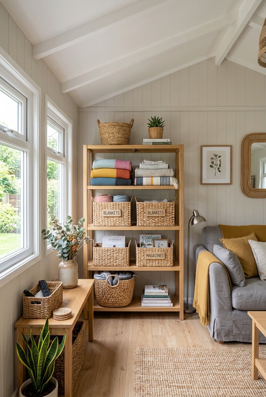 Interior of a singlewide mobile home with open woven baskets used for organizing household items on shelves and surfaces.