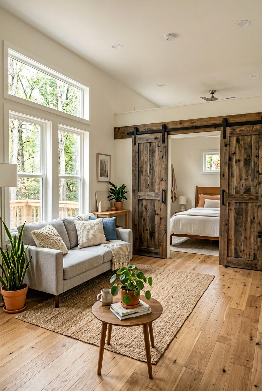 Interior of a singlewide mobile home with sliding barn doors partially open, showing an open living space with natural light and simple decor.