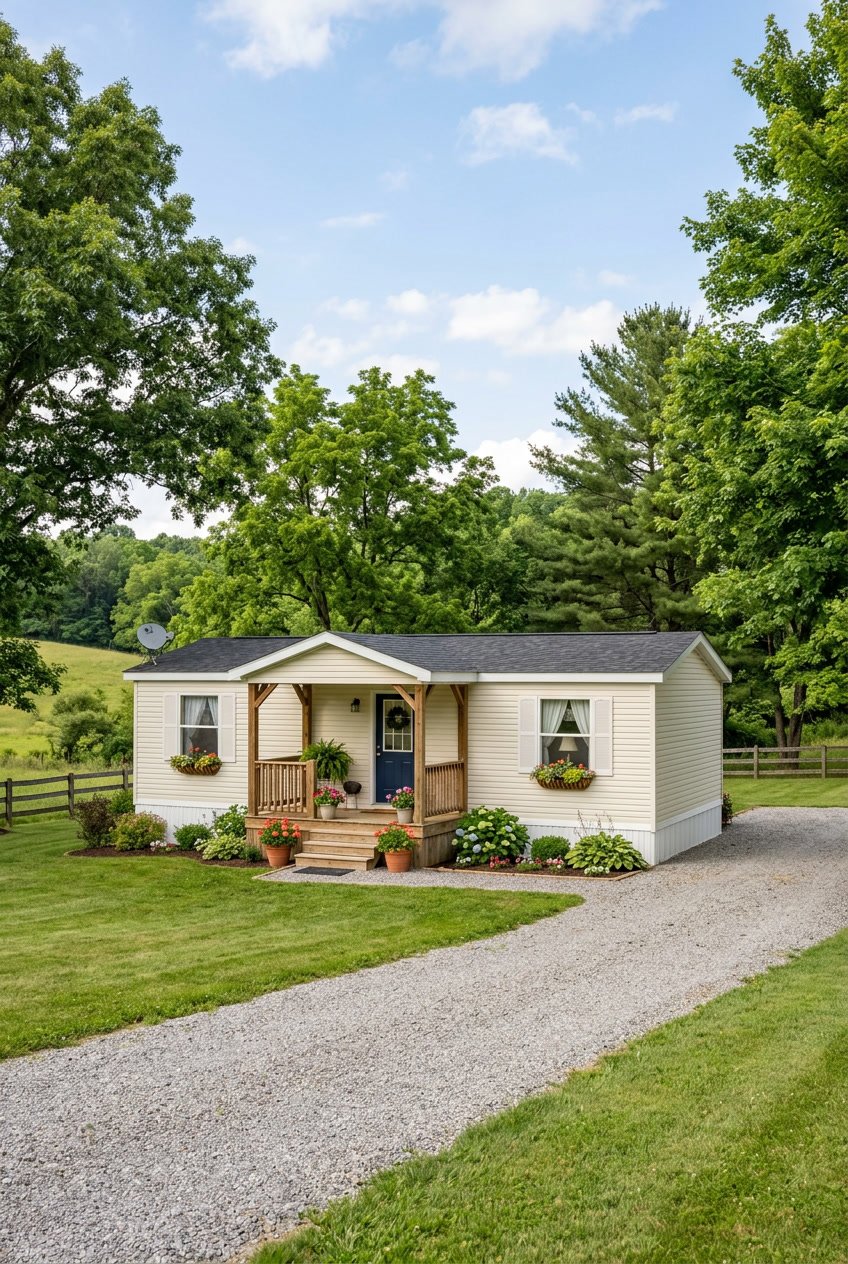 A singlewide mobile home with a porch surrounded by grass and trees under a partly cloudy sky.