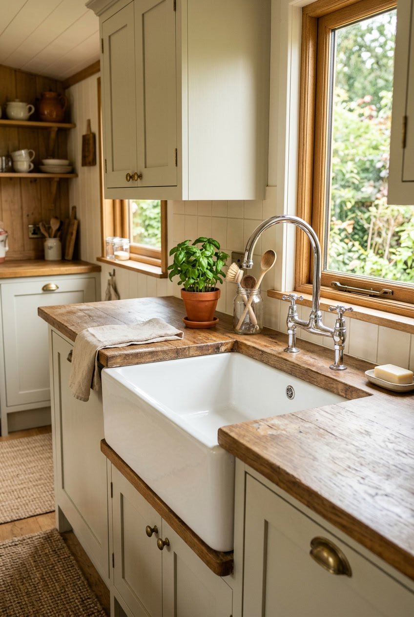 A white farmhouse sink installed in a kitchen with wooden countertops and neutral cabinets, illuminated by natural light from a nearby window.