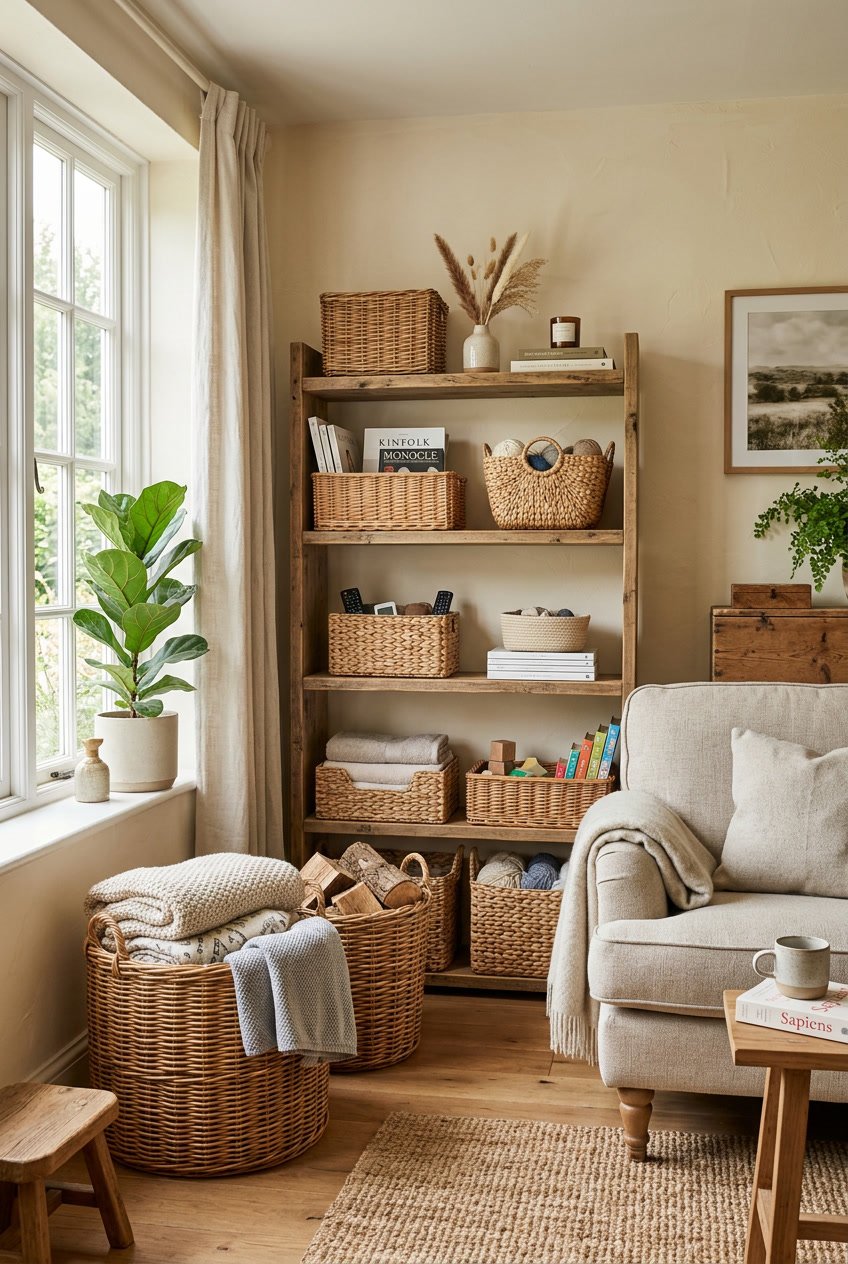 A bright room corner with wicker baskets arranged on wooden shelves and floor, filled with household items like blankets and magazines.