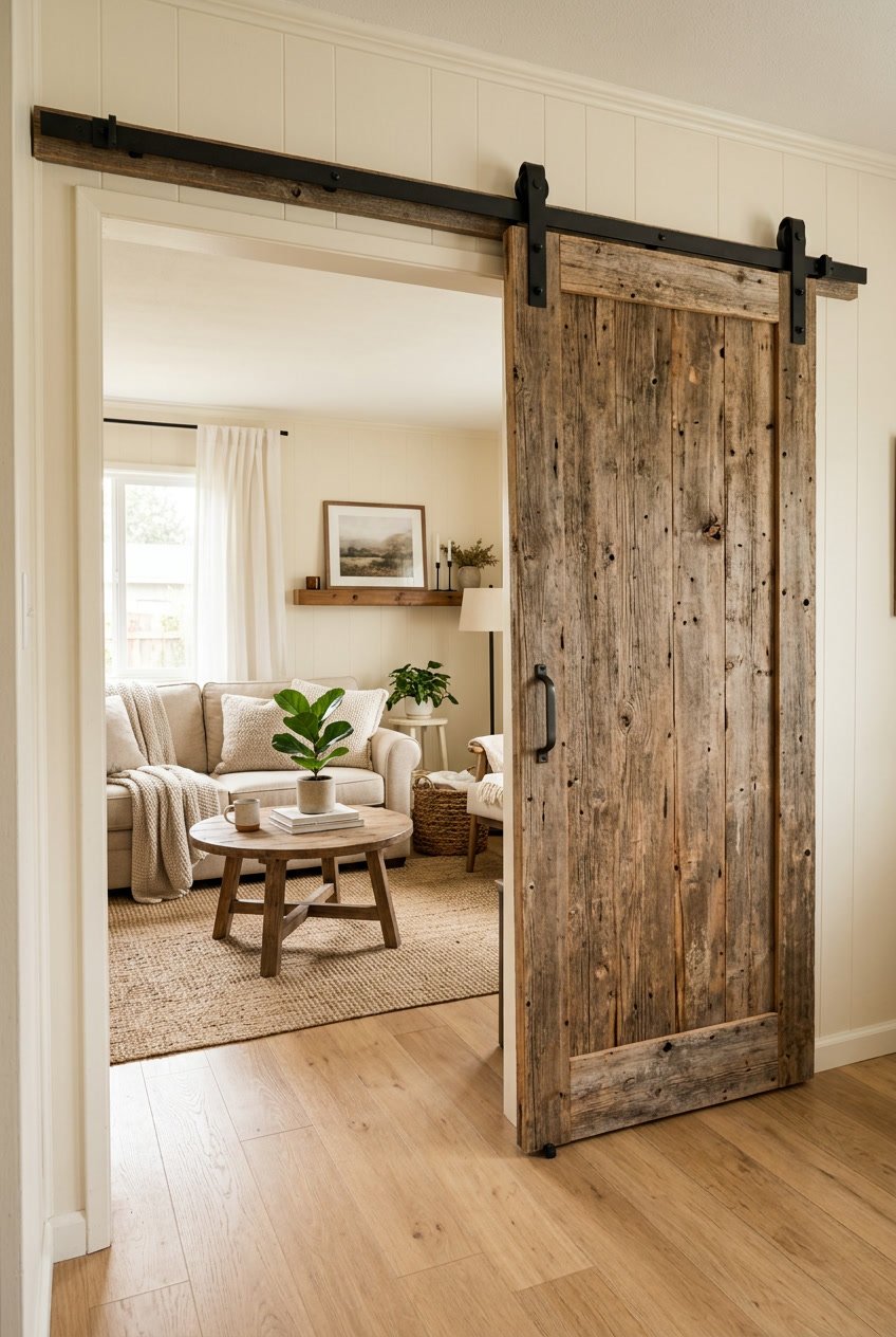 Interior view of a mobile home featuring a wooden sliding barn door dividing a cozy living space with natural light and simple furnishings.