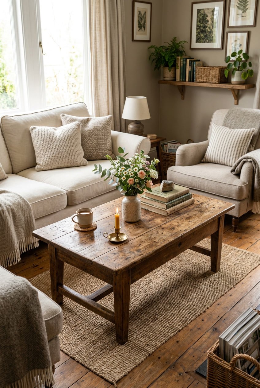 A wooden coffee table in a living room with seating, flowers, books, and soft natural lighting.