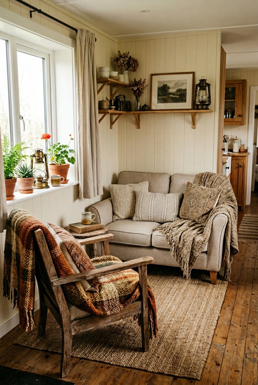 A cozy seating area inside a mobile home with handwoven throw blankets on a wooden chair and sofa, surrounded by rustic decor and natural light.