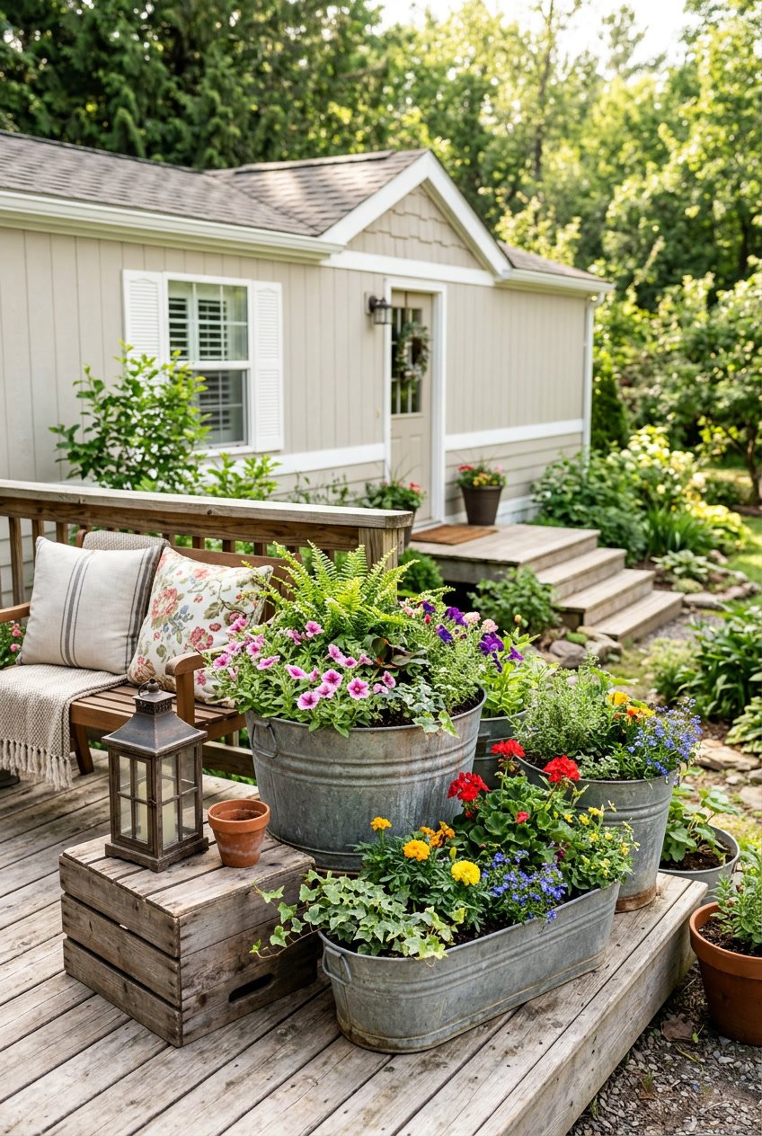 Galvanized metal planters filled with plants on a porch outside a singlewide mobile home surrounded by greenery.