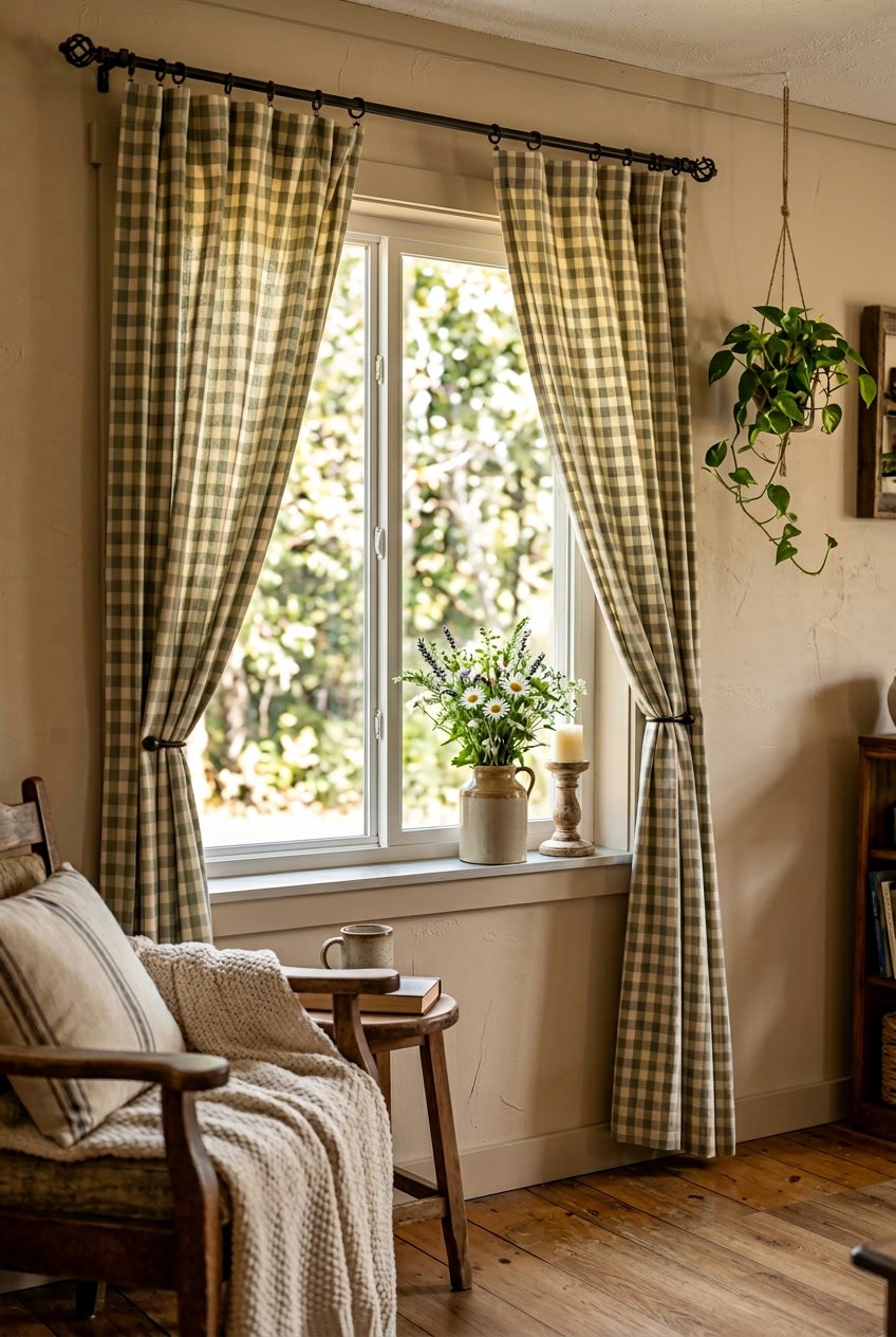 A bright room with a window covered by checkered curtains, wooden furniture, and a vase with flowers on the windowsill.