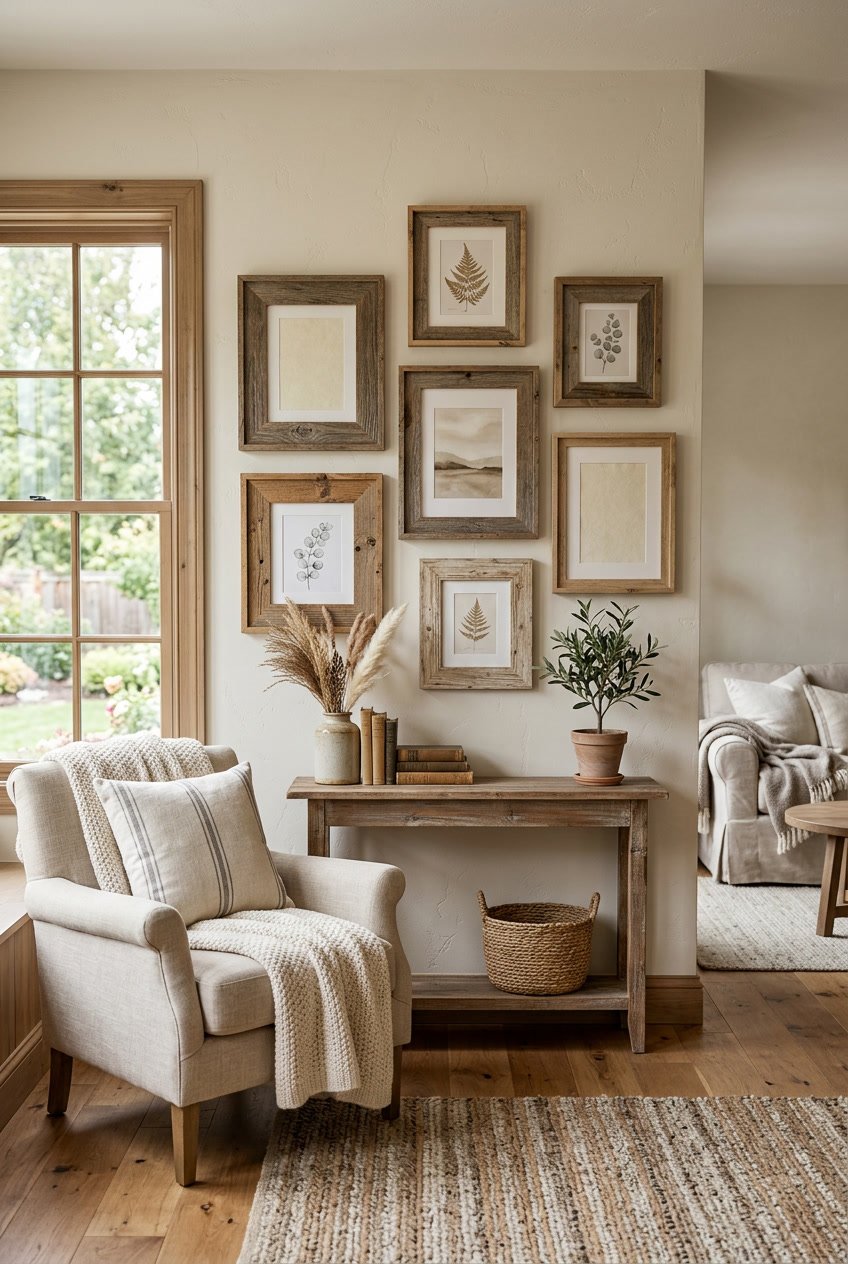 A cozy interior with wooden picture frames displayed on a light wall, surrounded by warm, natural decor and soft lighting.