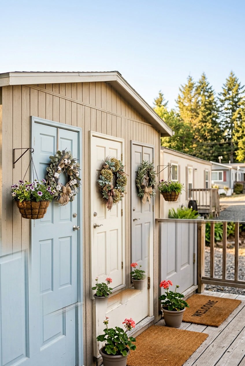 Close-up of several mobile home doors decorated with natural wreaths made of flowers and greenery.