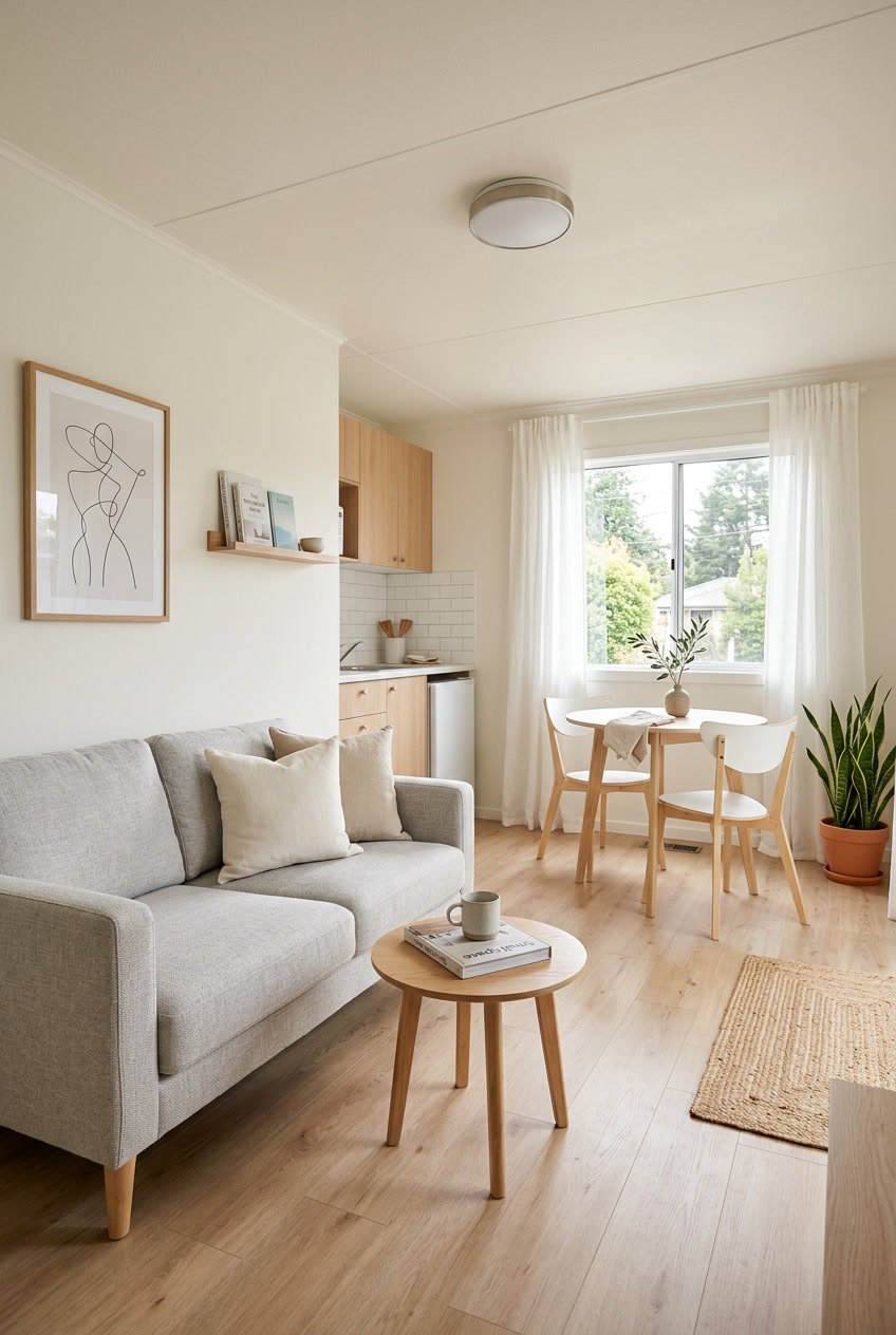 A bright and tidy small mobile home interior with light-colored walls, simple furniture, and natural light coming through a window.