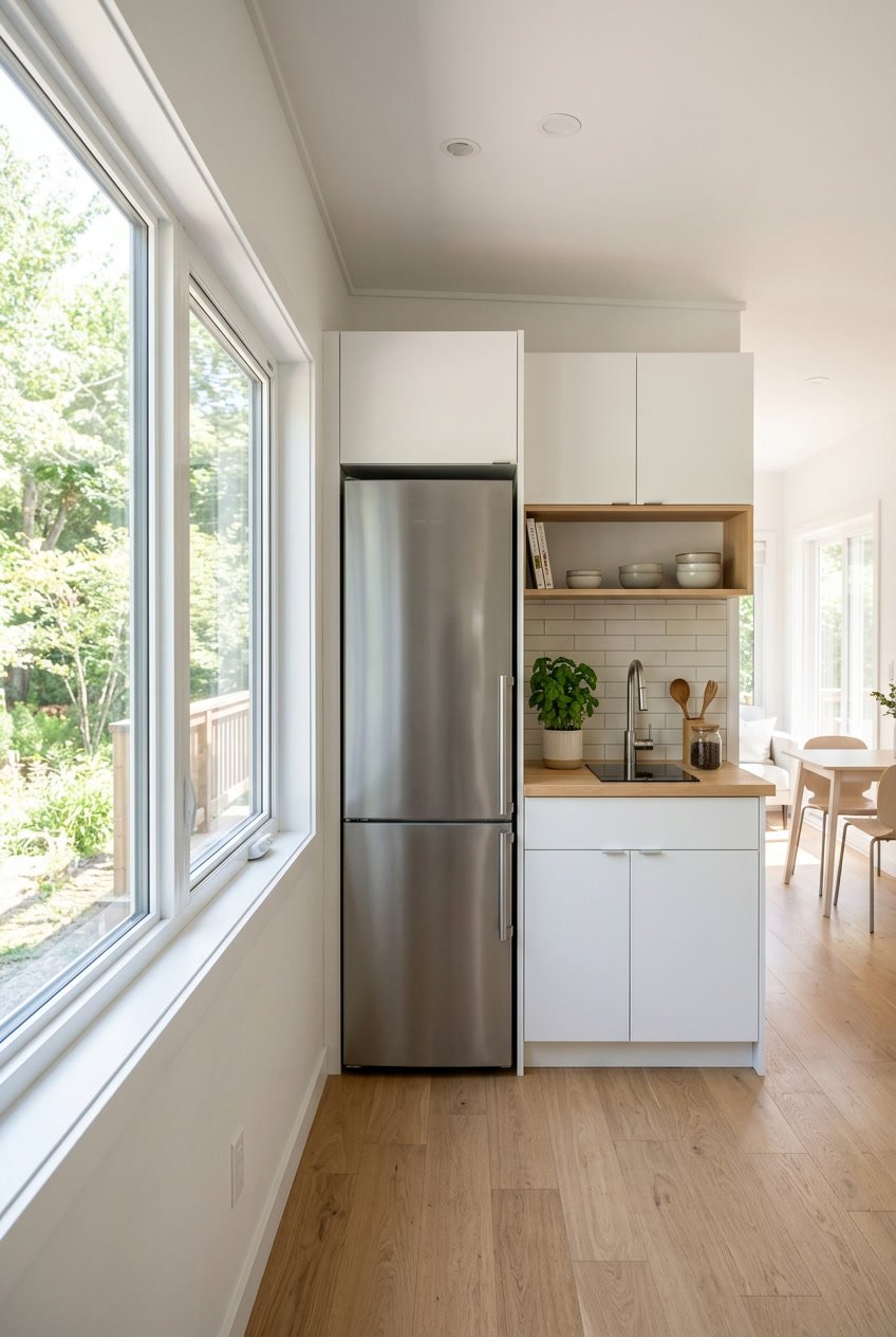 A modern kitchen in a mobile home with a slim-profile refrigerator next to white cabinets and natural light coming through a window.