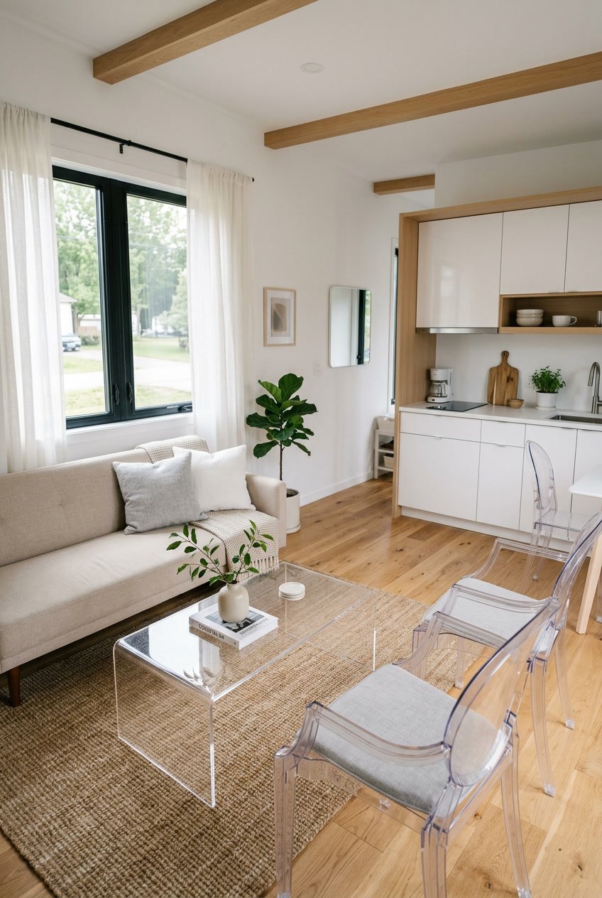 Bright and tidy living area inside a small mobile home with clear acrylic furniture and natural light coming through large windows.