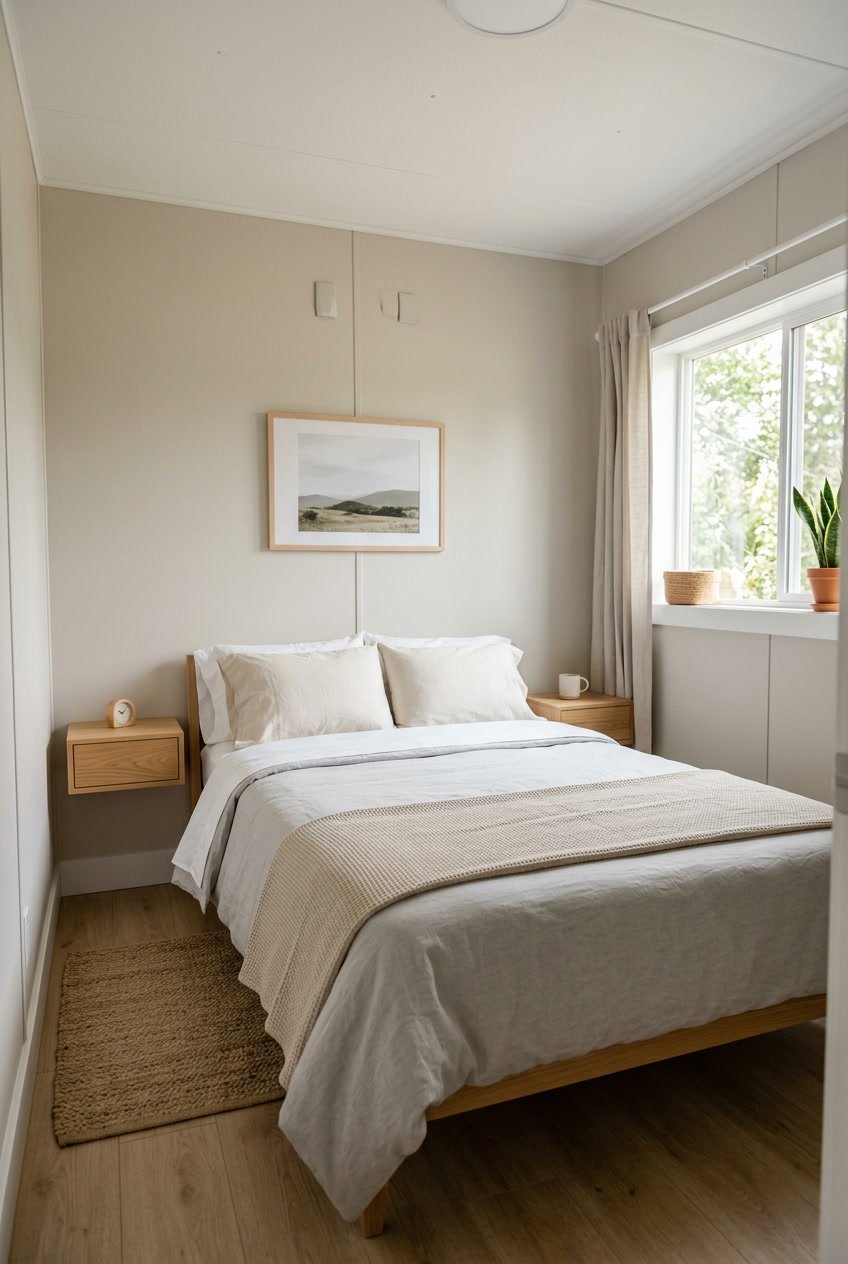 A tidy bedroom in a mobile home with a bed and floating nightstands on both sides.