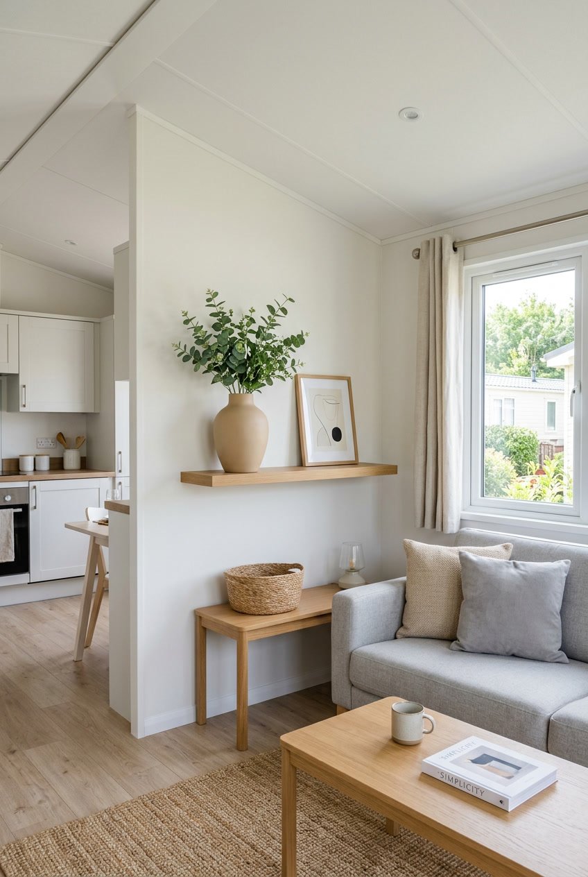 A clean and bright interior of a small mobile home with minimal furniture and a single decorative item on a shelf.
