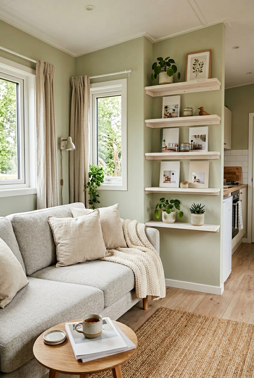 Living area inside a small mobile home with corner shelves holding plants and books, a sofa, and natural light coming through a window.
