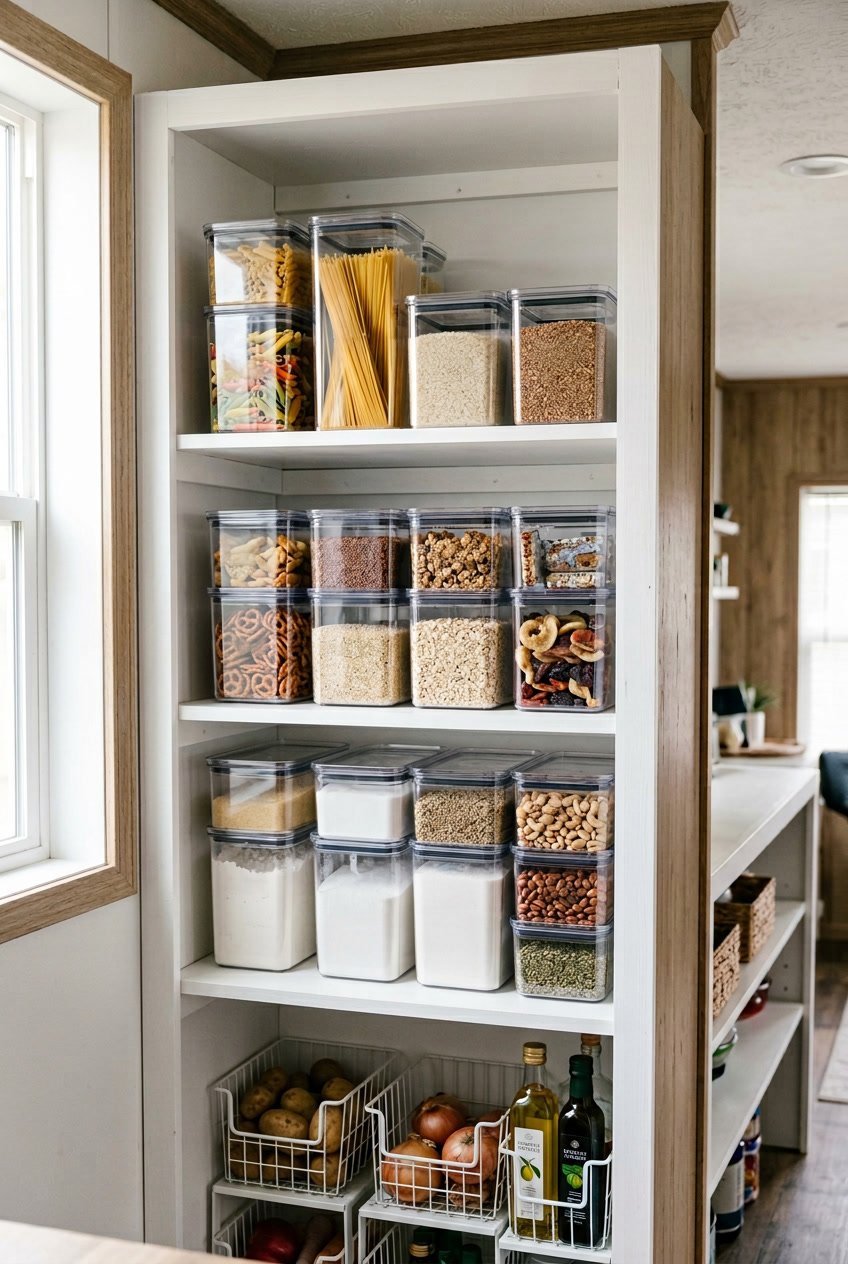 A neatly organized pantry with clear stackable storage bins on white shelves containing dry food items.