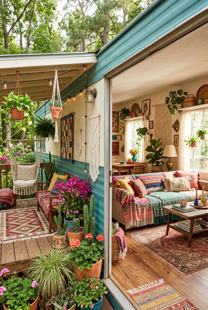 A colorful singlewide mobile home with plants and cozy decorated interior spaces featuring vibrant textiles and natural light.