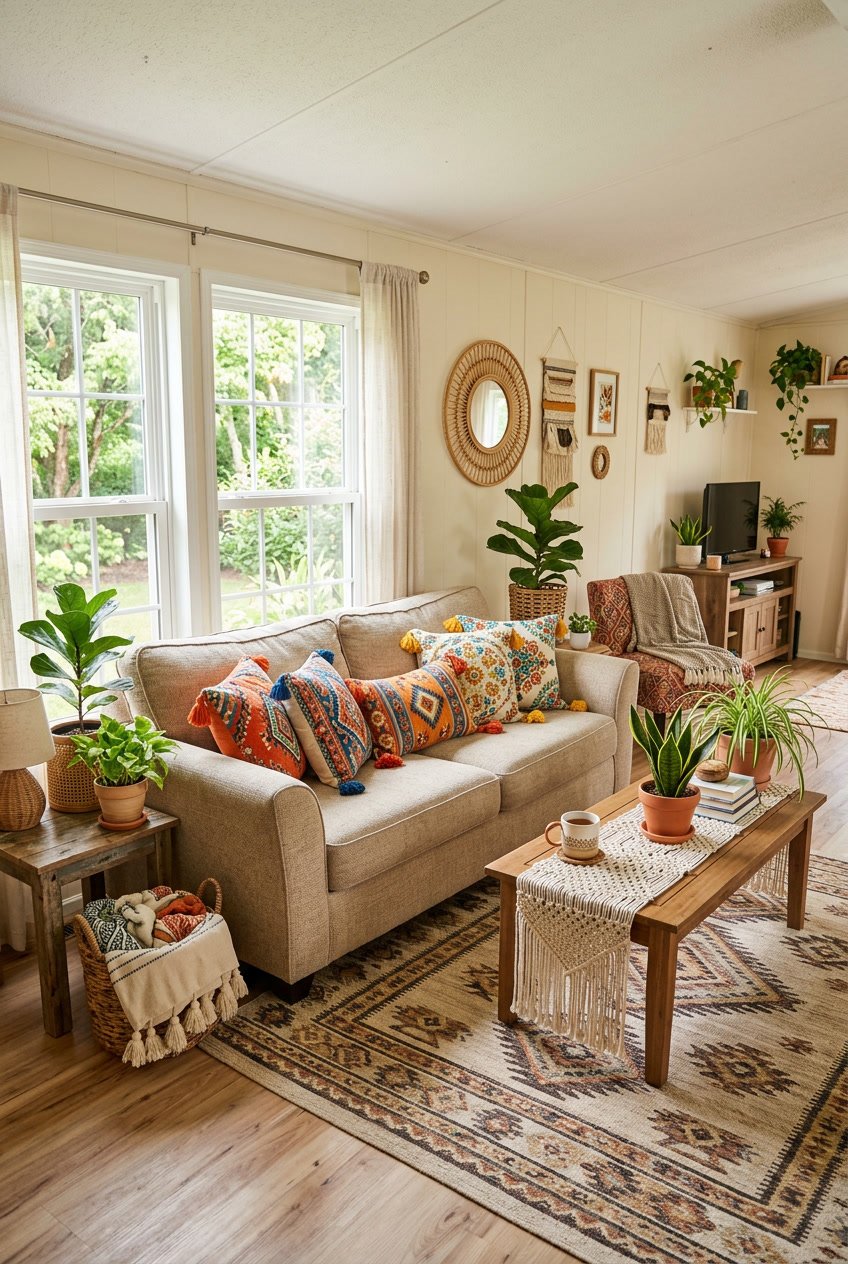 A cozy living area in a mobile home with a sofa covered in colorful throw pillows with tassels, surrounded by plants and natural light.