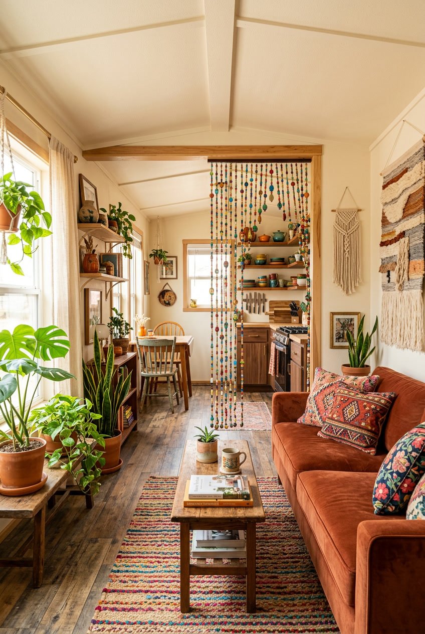 Interior of a mobile home with colorful beaded curtain dividers separating the living spaces, decorated with plants, patterned pillows, and wooden furniture.