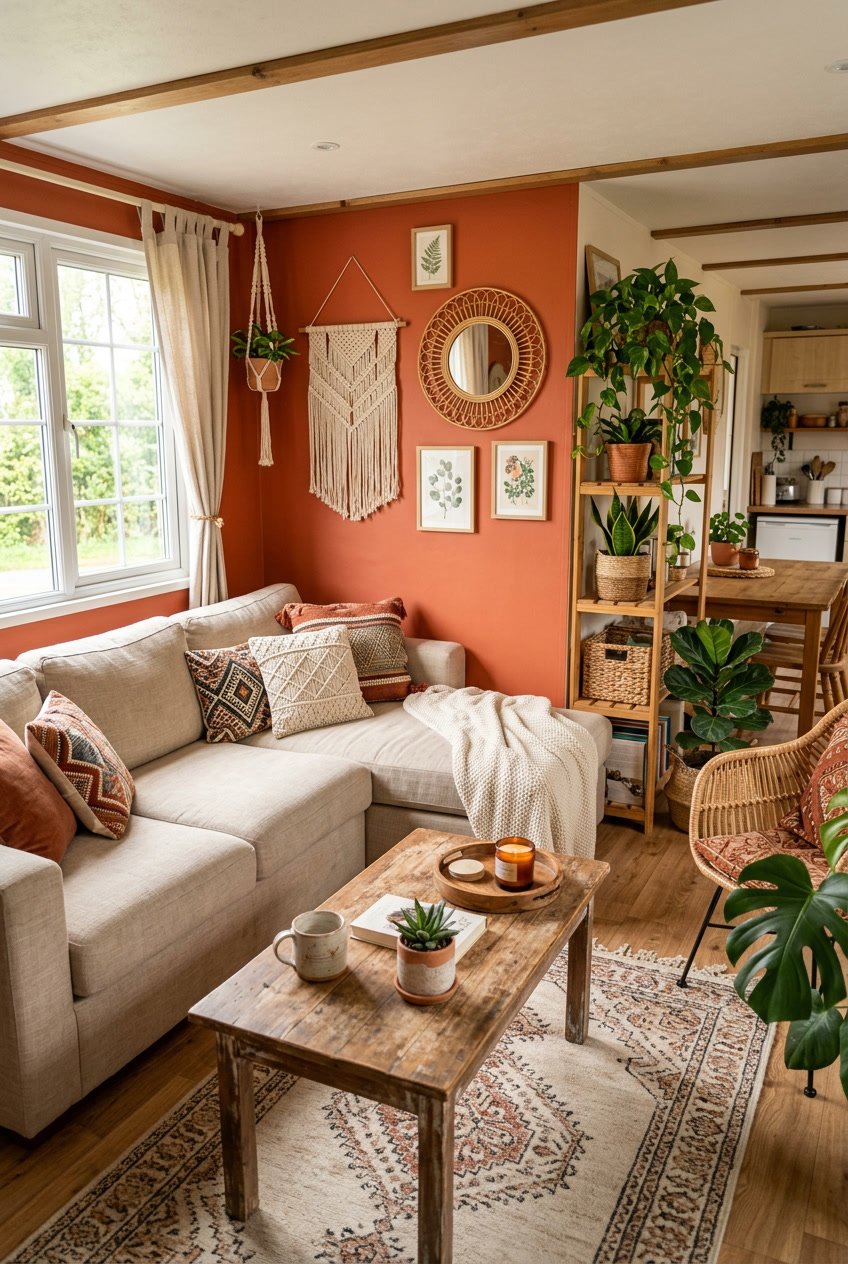 Interior of a mobile home living room with a terracotta accent wall, wooden furniture, plants, and cozy seating.