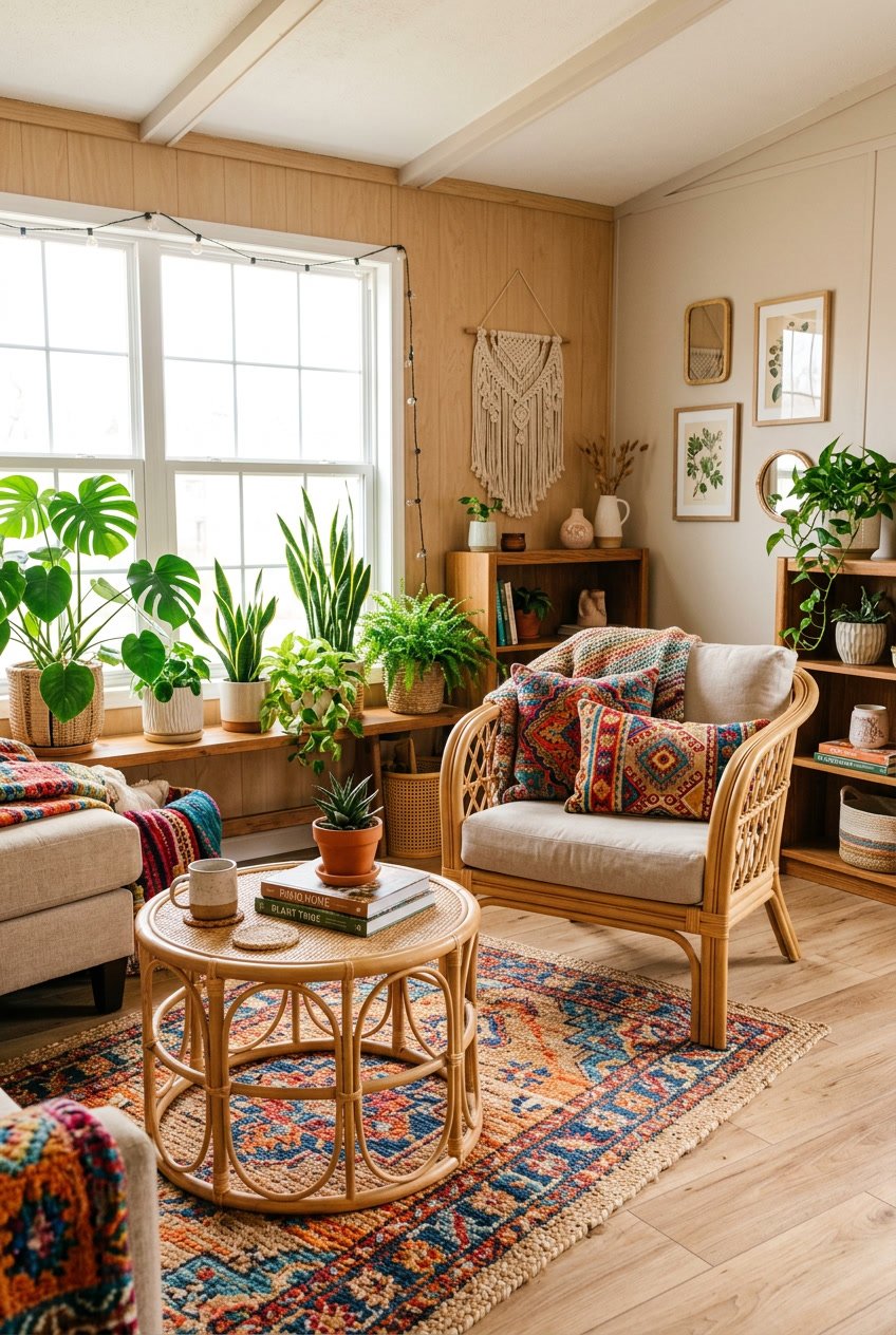 Interior of a mobile home with rattan furniture, colorful pillows, plants, and natural light.