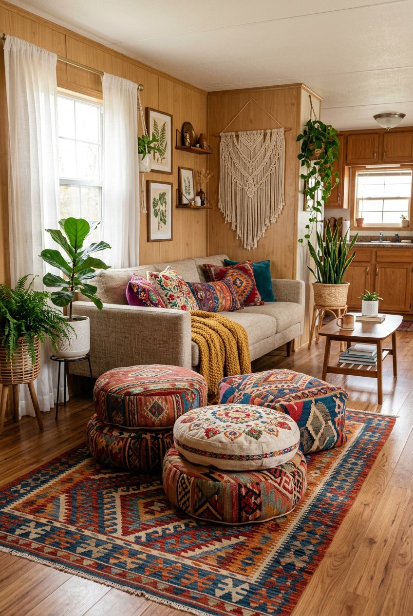 Interior of a mobile home with patterned poufs arranged on the floor surrounded by colorful pillows, rugs, plants, and natural light.