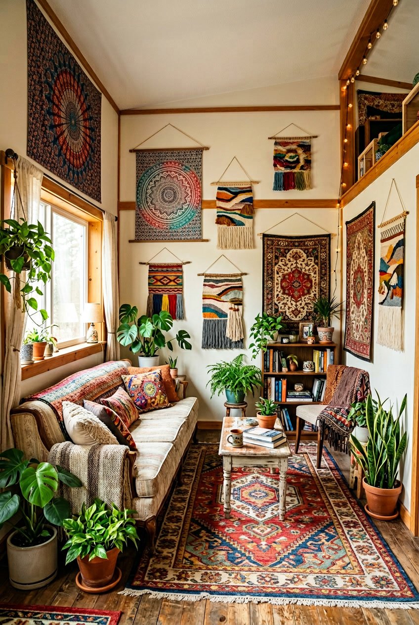 Interior of a mobile home living area with colorful wall tapestries, plants, and cozy seating.