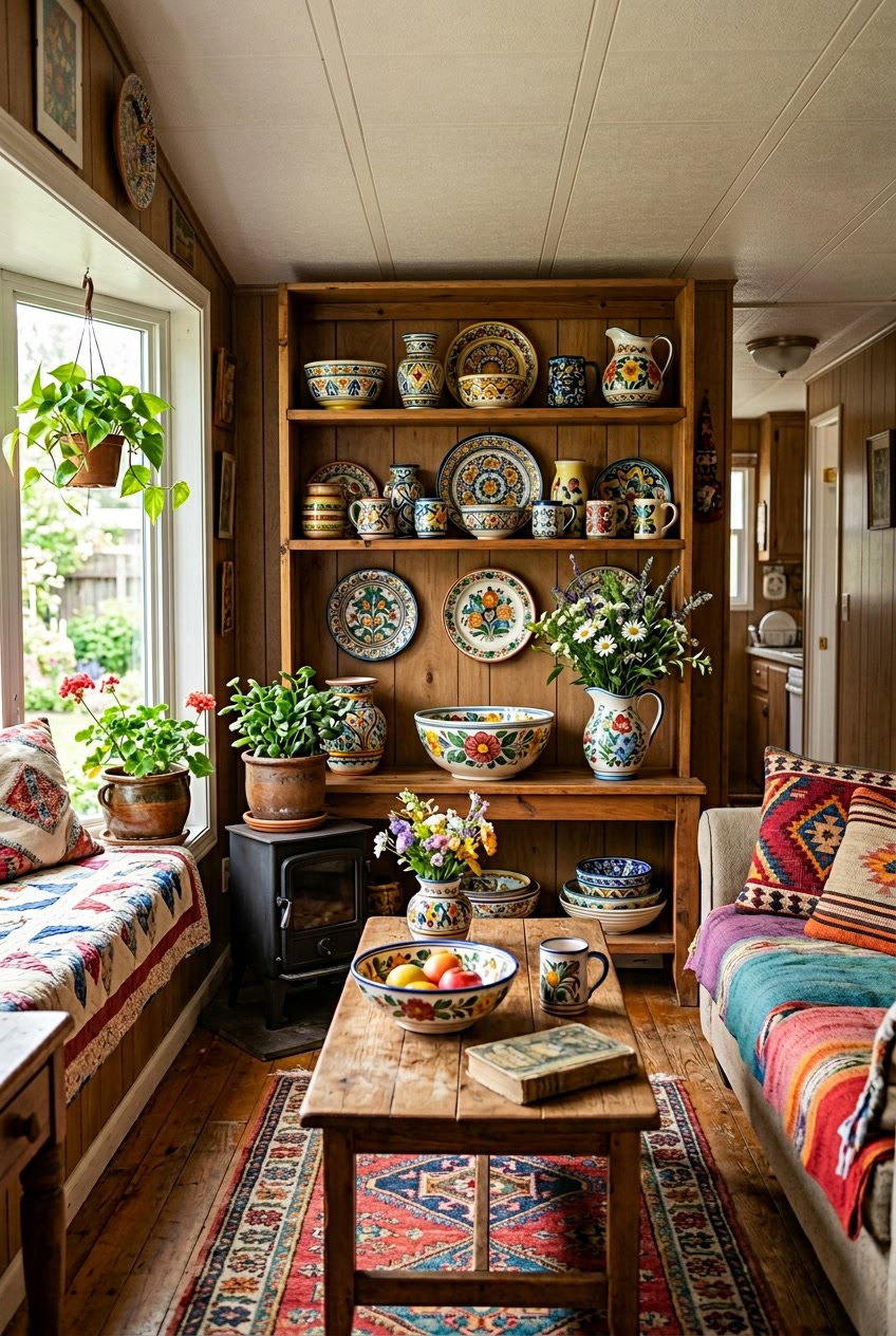 A cozy mobile home interior with colorful hand-painted ceramic vases and bowls displayed on wooden shelves and tables, surrounded by plants and natural light.
