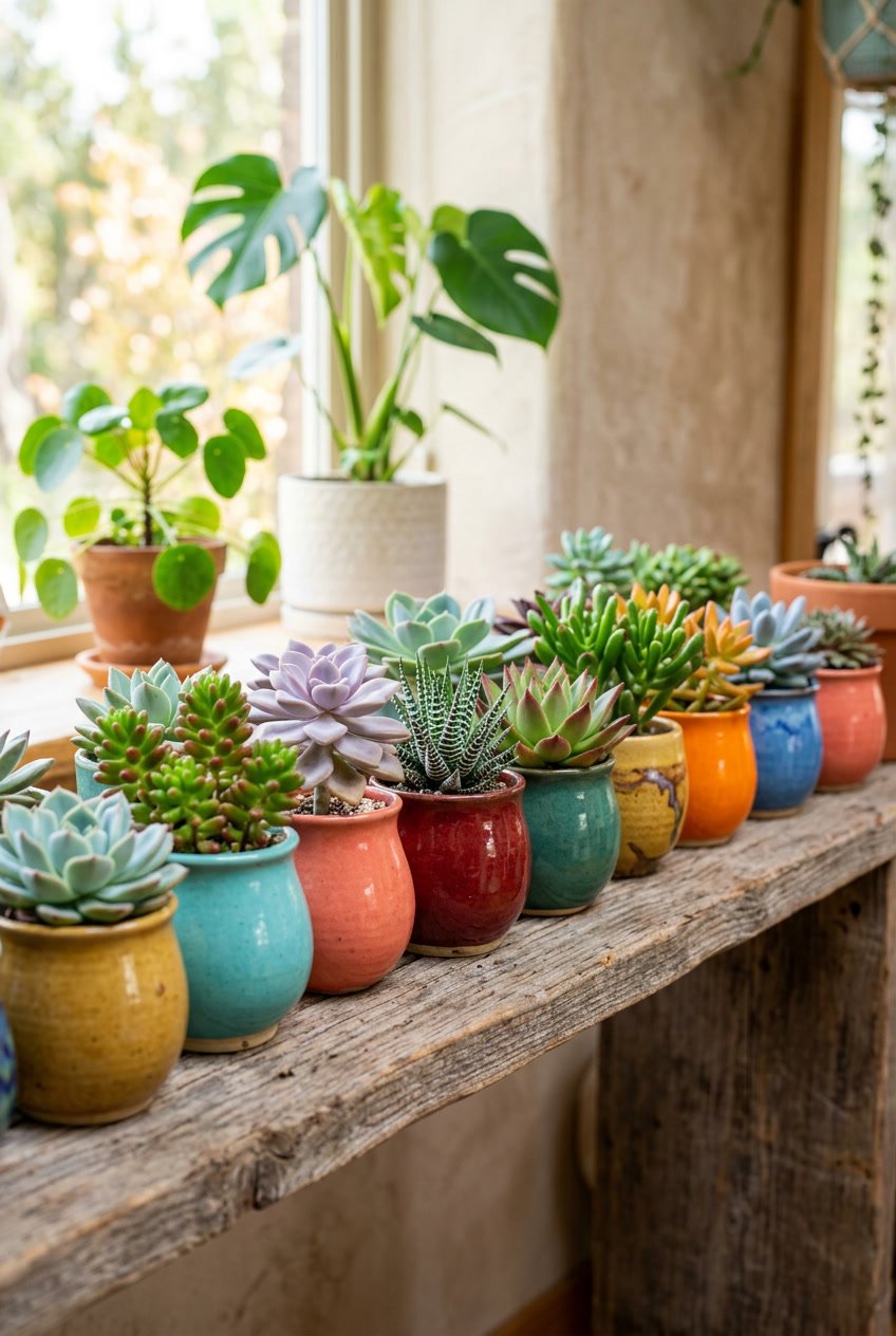 A variety of succulents in colorful pots arranged on a wooden shelf.