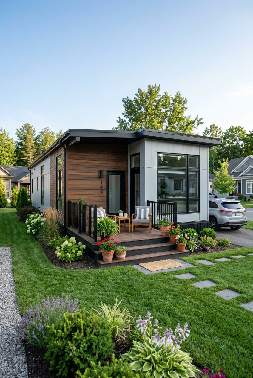A modern singlewide mobile home with a small porch, surrounded by greenery under a clear sky.