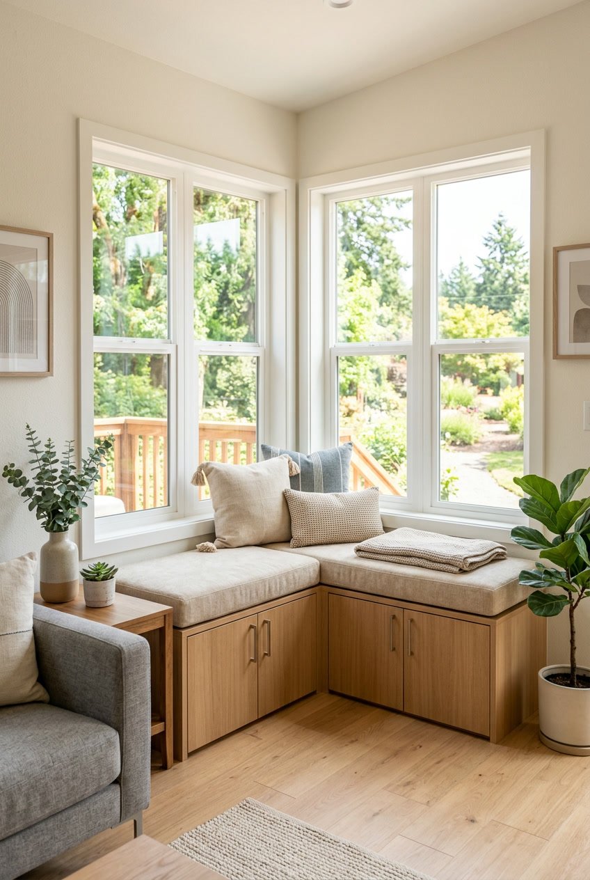 Interior of a mobile home with built-in cushioned window seats that have storage underneath, next to large windows letting in natural light.