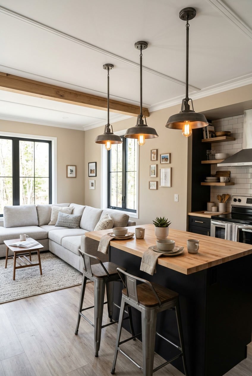 Interior of a singlewide mobile home with industrial pendant lights hanging above a dining area.