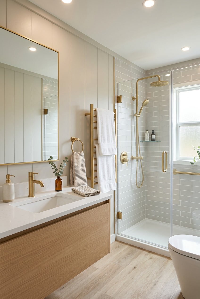 A bathroom with matte gold fixtures including a faucet, towel racks, and showerhead, with a clean vanity and neutral walls.