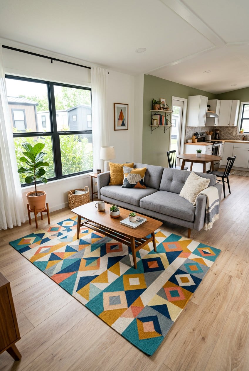 Interior of a modern mobile home living room with colorful geometric rugs, a sofa, coffee table, and plants.