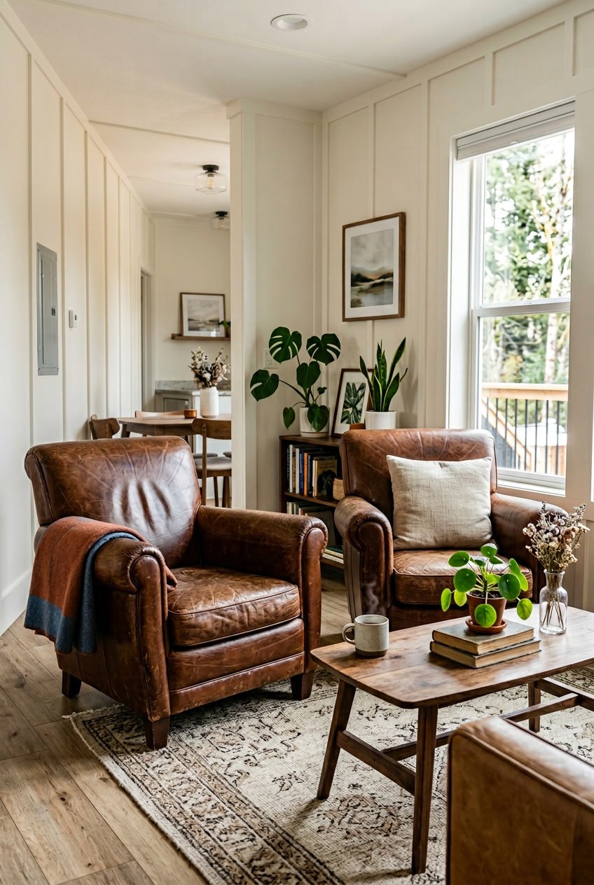 Interior of a modern singlewide mobile home with vintage leather armchairs and natural light coming through large windows.