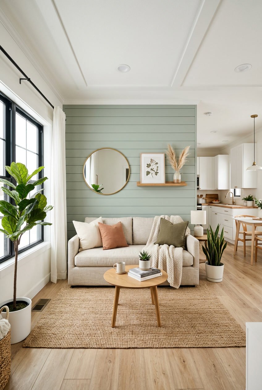 Interior of a mobile home living room with a decorative shiplap accent wall, sofa, coffee table, and plants near large windows.