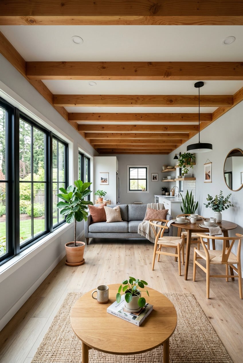 Interior of a modern mobile home with exposed wood beam ceilings, natural light, a seating area, dining table, and indoor plants.