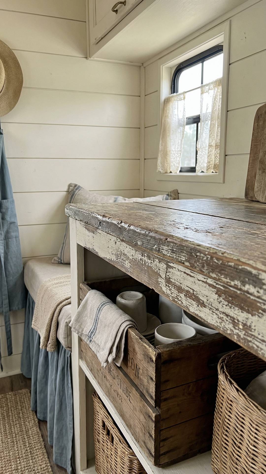 French country RV corner with distressed wood accents and baskets