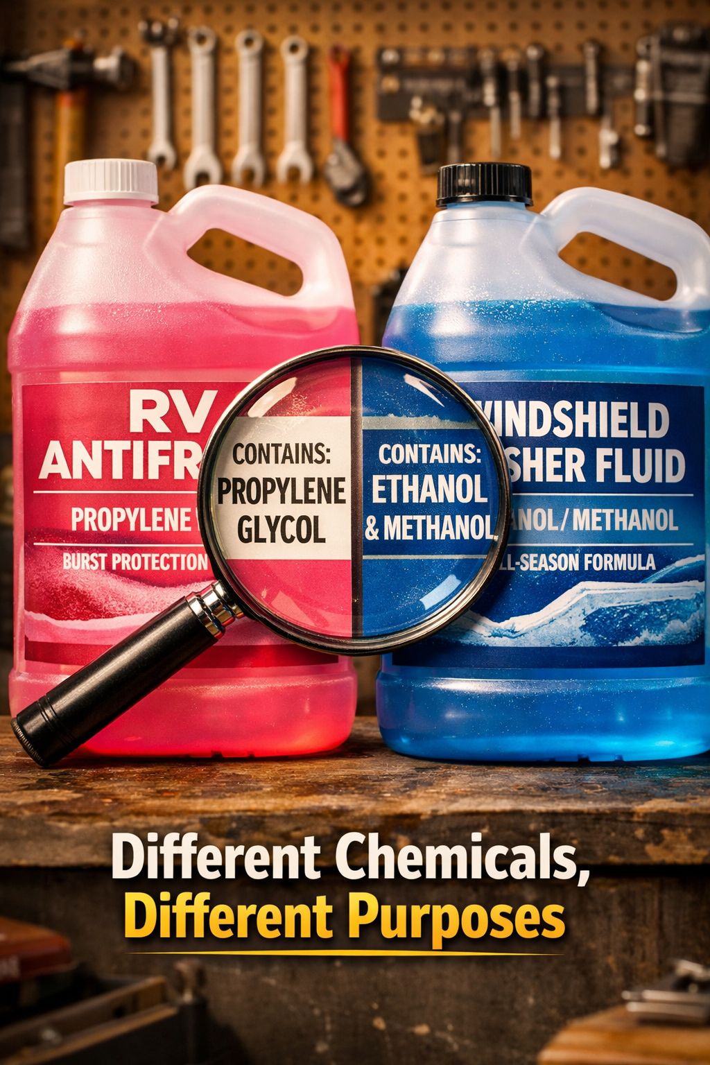 Portrait/Pinterest format () close-up comparison flat-lay image showing two distinct bottles side by side on a workshop