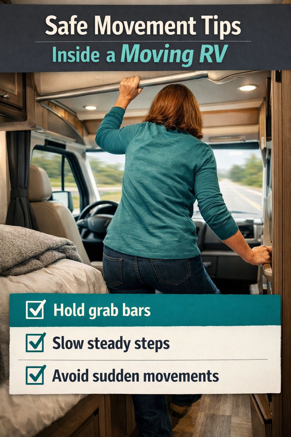 Portrait/Pinterest format () close-up editorial image of an RV interior showing a passenger carefully navigating from the