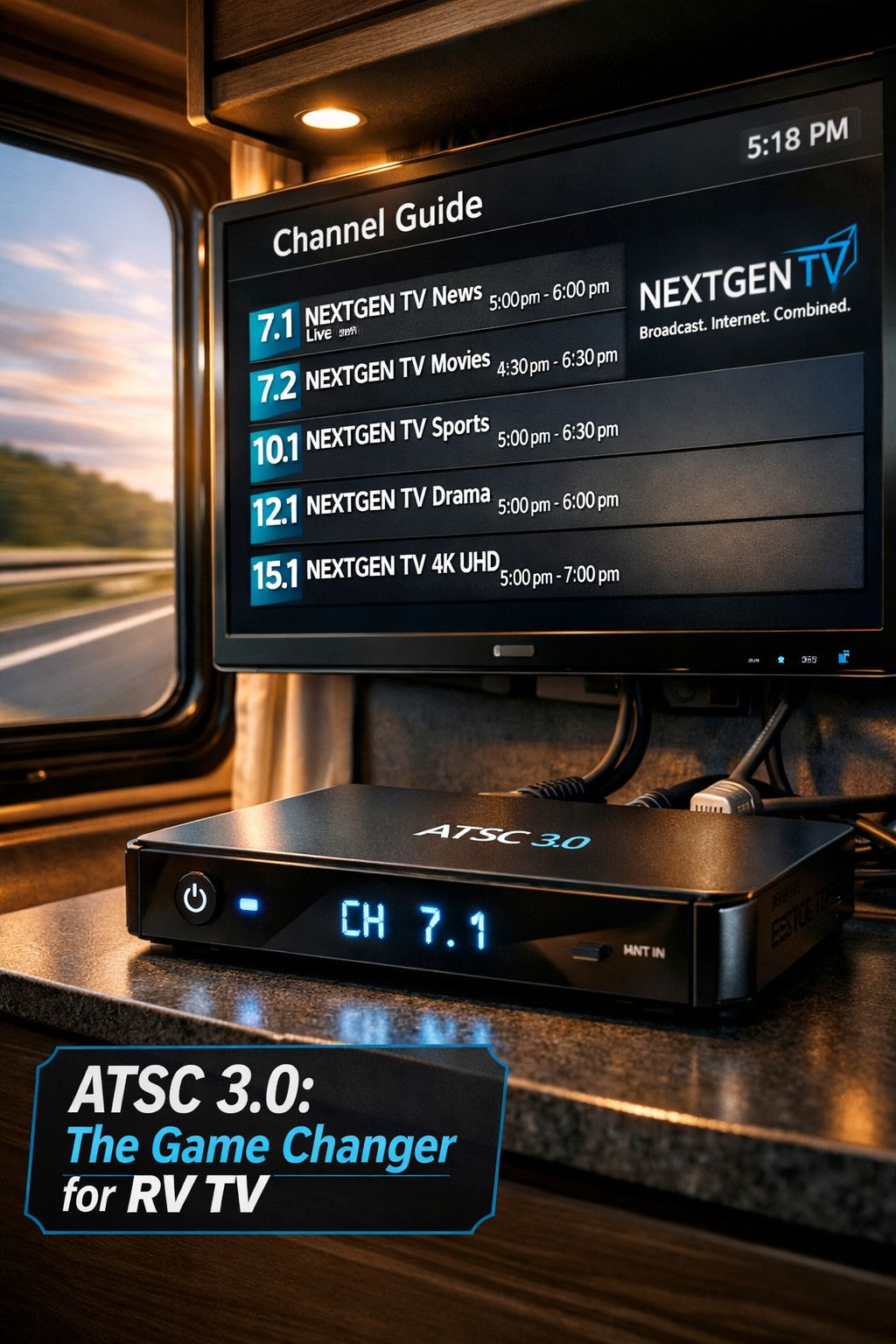 Portrait/Pinterest format () close-up editorial photo of an ATSC 3.0 converter box connected to a modern flat-screen TV