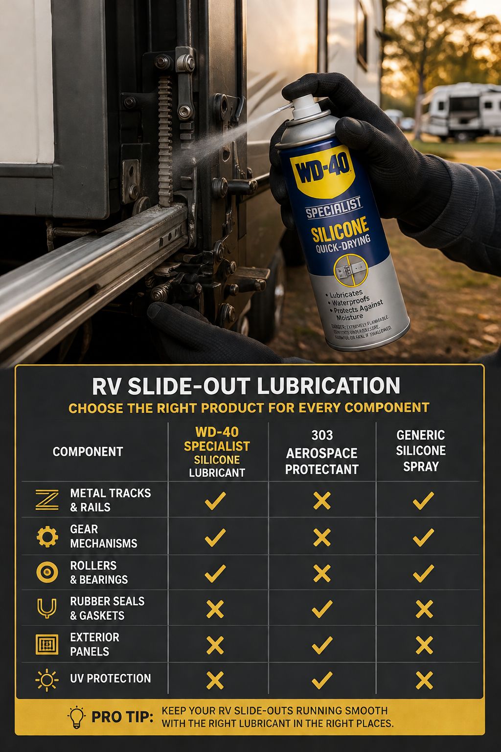 Portrait/Pinterest format () close-up editorial photo showing a person's gloved hands applying lubricant spray to the metal