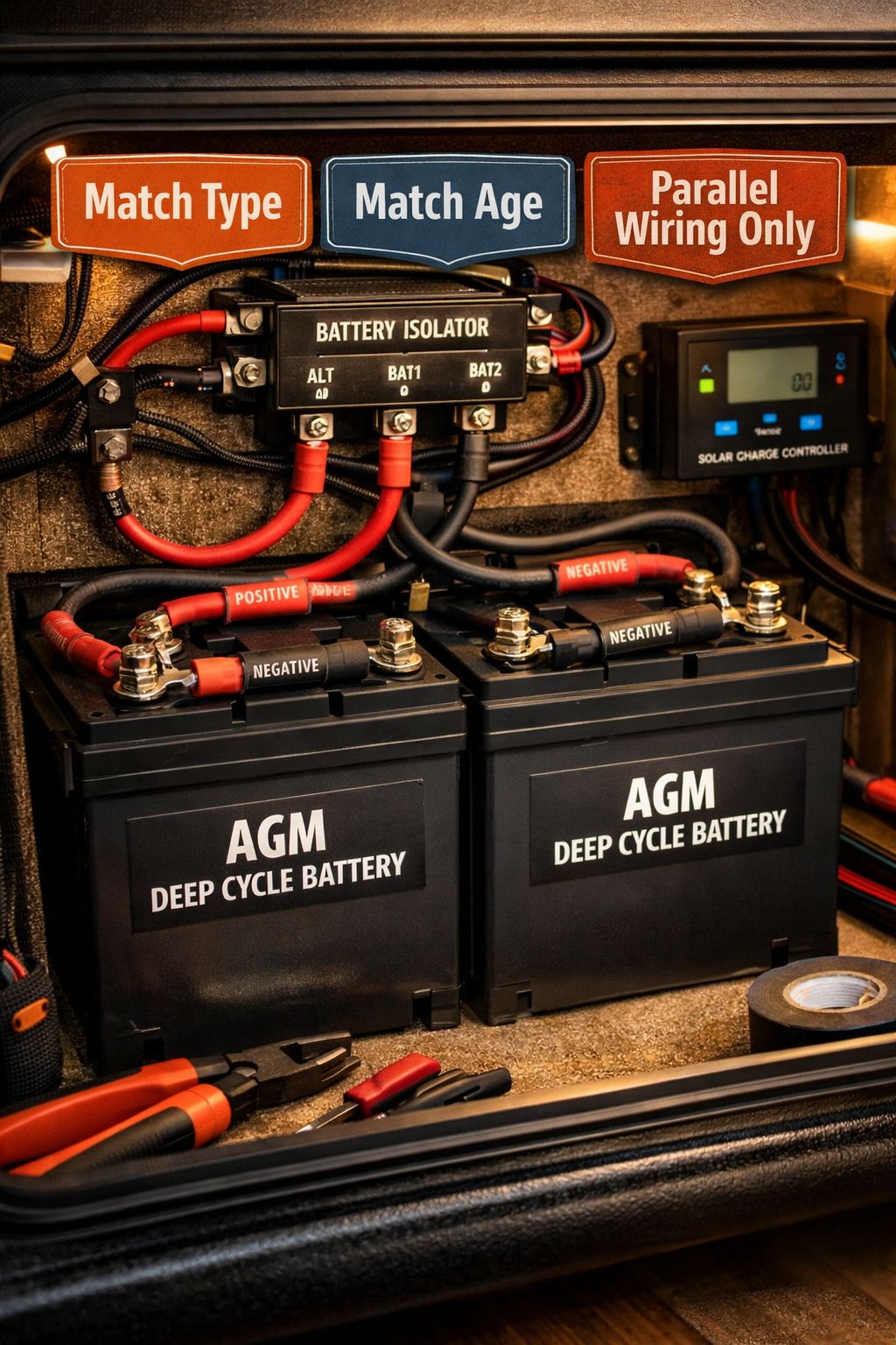 Portrait/Pinterest format () close-up editorial photograph of an RV battery compartment with two matching AGM deep-cycle