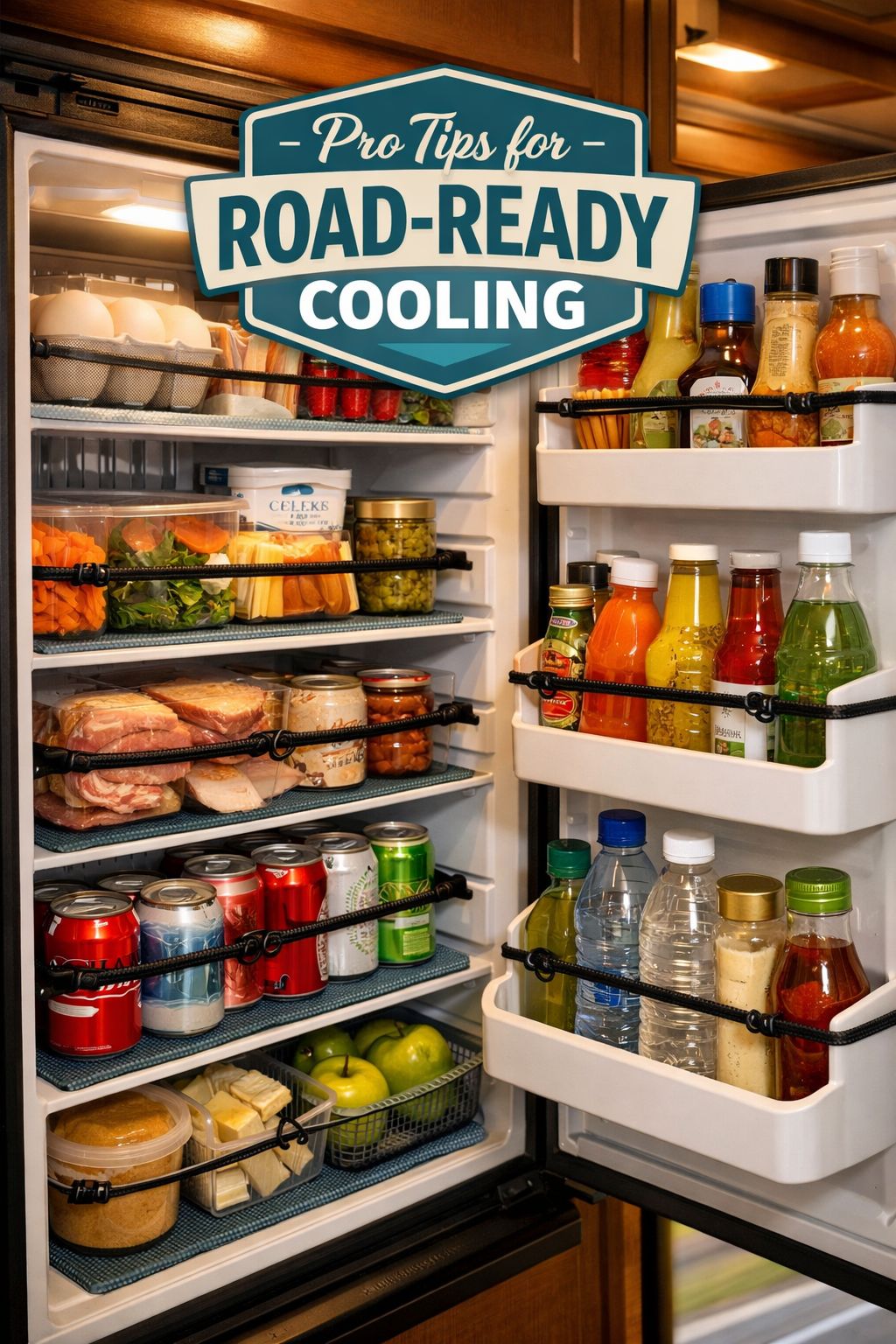 Portrait/Pinterest format () close-up editorial photograph of an open RV refrigerator door revealing well-organized food
