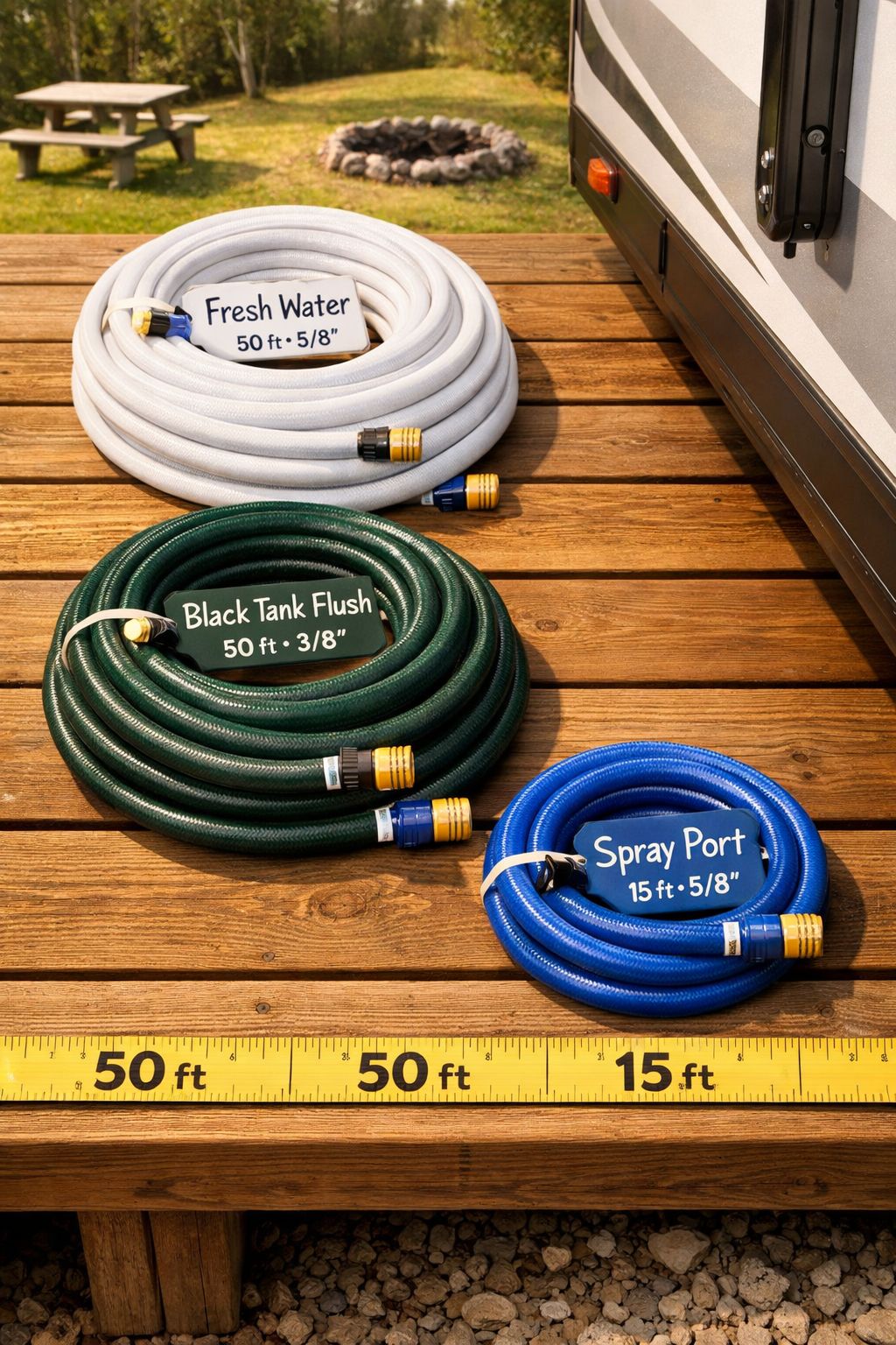 Portrait/Pinterest format () close-up overhead flat-lay photograph of three color-coded RV hoses neatly coiled on a wooden