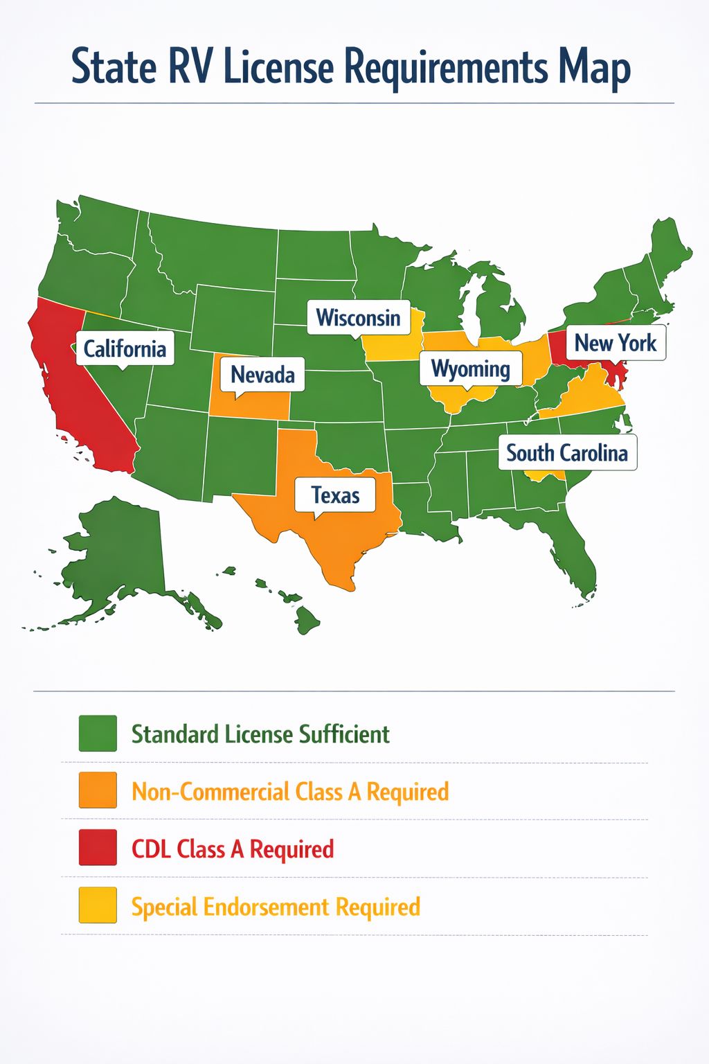 Portrait/Pinterest format () detailed US map infographic showing state-by-state RV license requirements, with color-coded