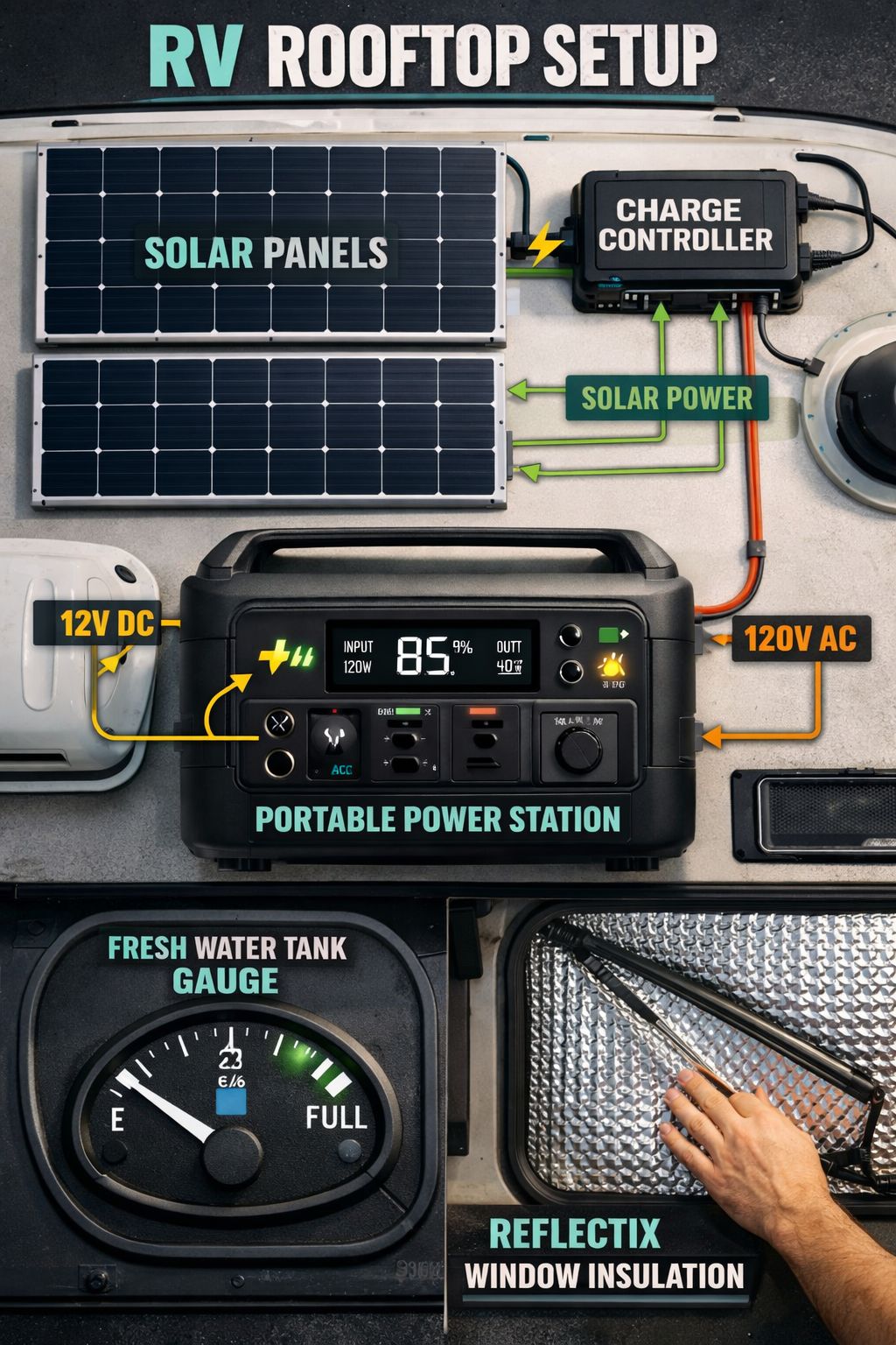 Portrait/Pinterest format () detailed editorial image showing a close-up overhead view inside an RV roof and exterior setup:
