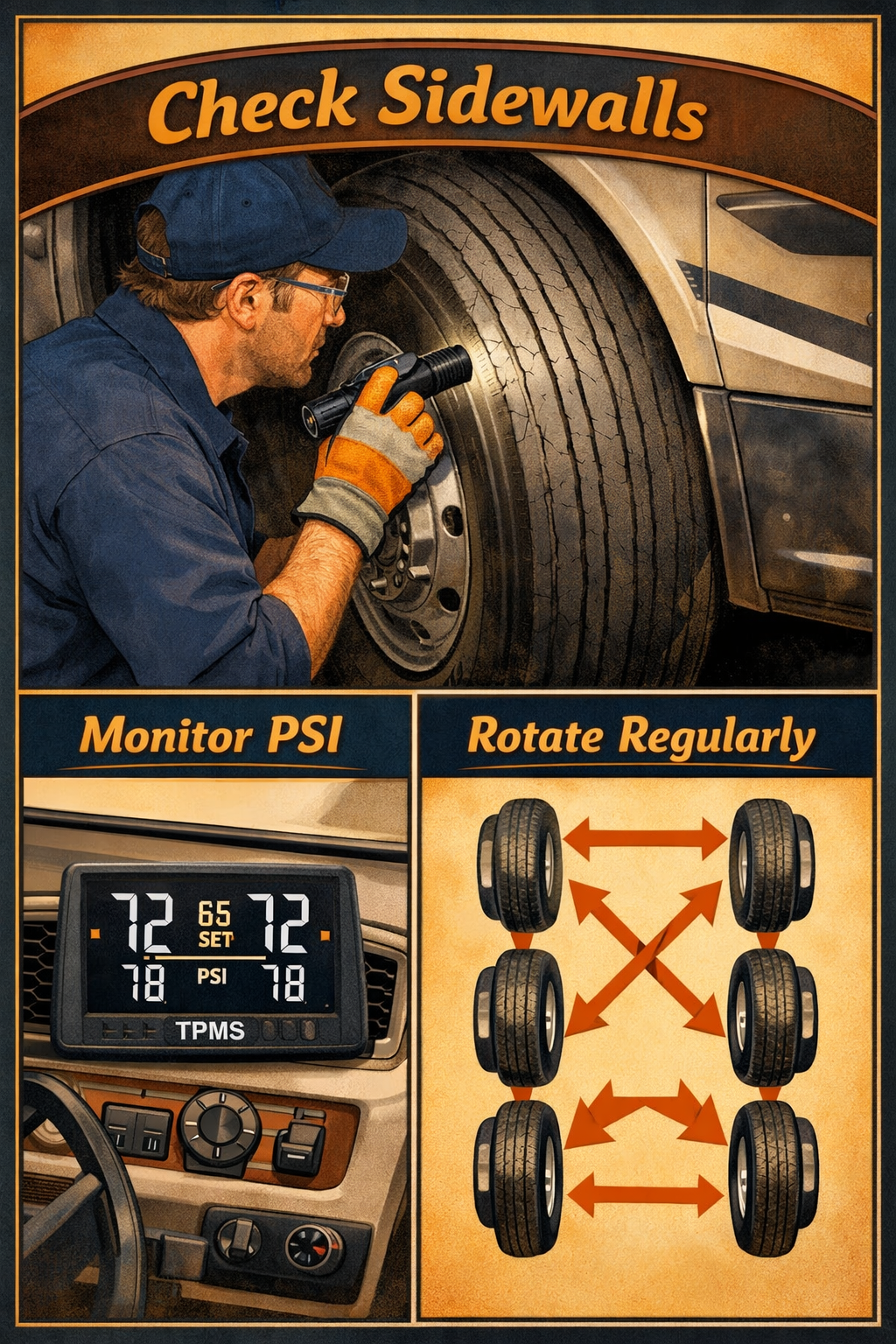 Portrait/Pinterest format () detailed educational illustration showing RV tire maintenance best practices. Top half: